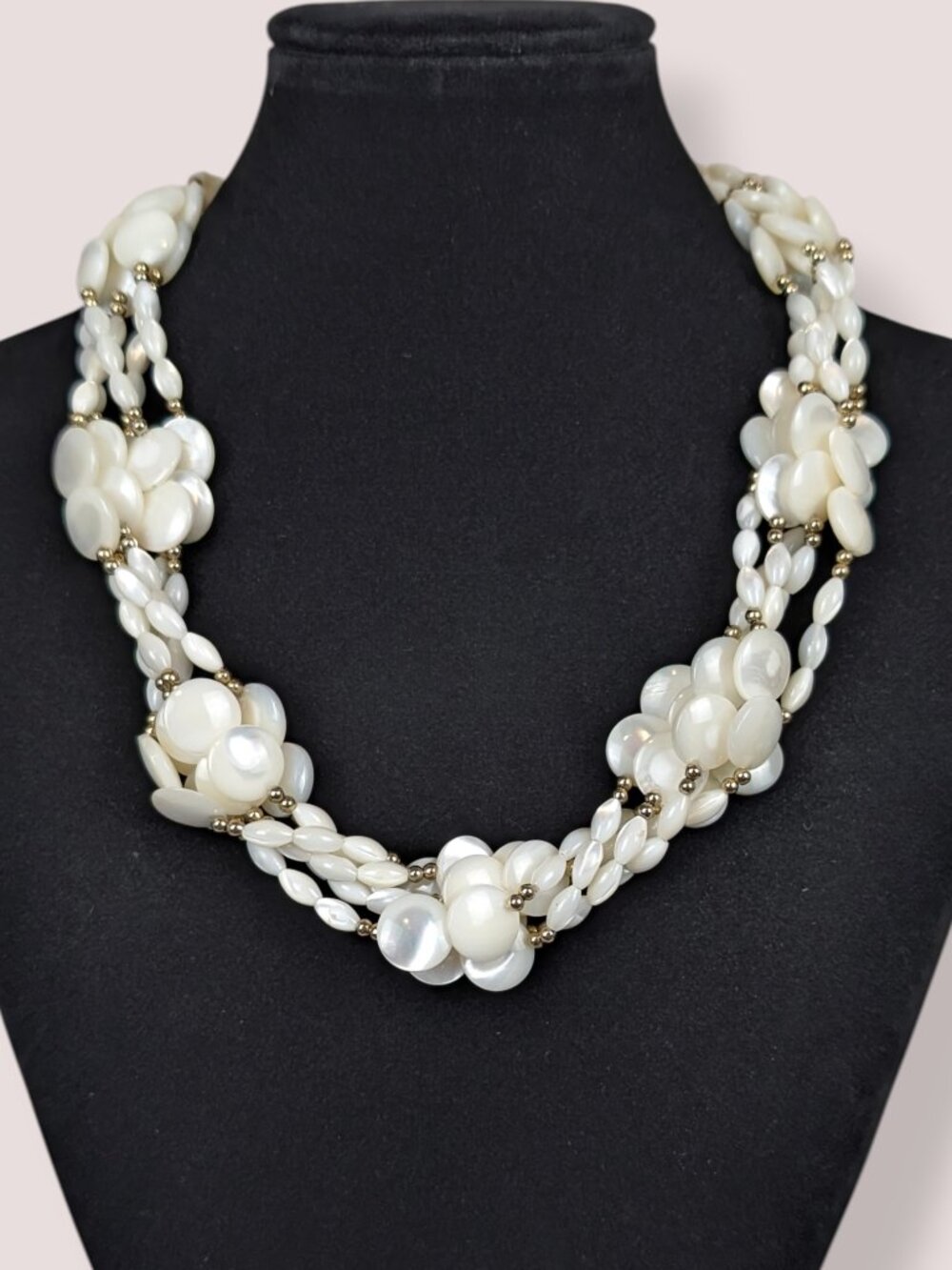 Vintage 5-Strand Mother of Pearl Beaded Statement Necklace